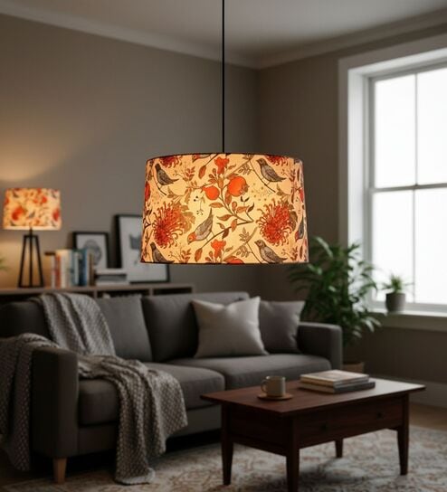 14-Inch Bird & Floral Printed Fabric Drum Pendant Light, Modern Hanging Ceiling Lamp for Living Room, Bedroom, Dining Room & Home Decor, Silver Canopy-image-31