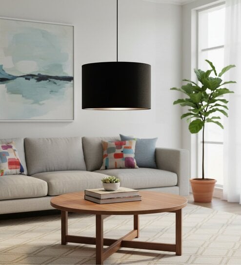 14-Inch Black Fabric Drum Pendant Light