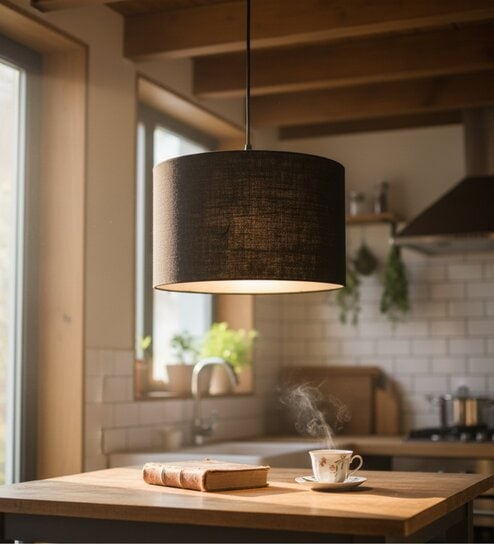14-Inch Black Jute Fabric Drum Pendant Light