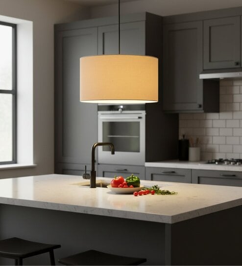 14-Inch Cream Fabric Drum Pendant Light, Modern Hanging Ceiling Lamp