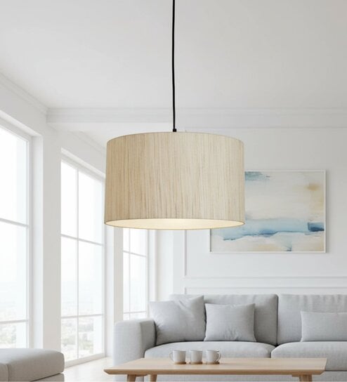 14-Inch Cream Texture Fabric Drum Pendant Light, Modern Hanging Ceiling Lamp