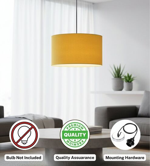 btr crafts 14-Inch Dark Yellow Fabric Drum Pendant Light, Modern Hanging Ceiling Lamp for Living Room, Bedroom, Dining Room & Home Decor, Silver Canopy-picture-33