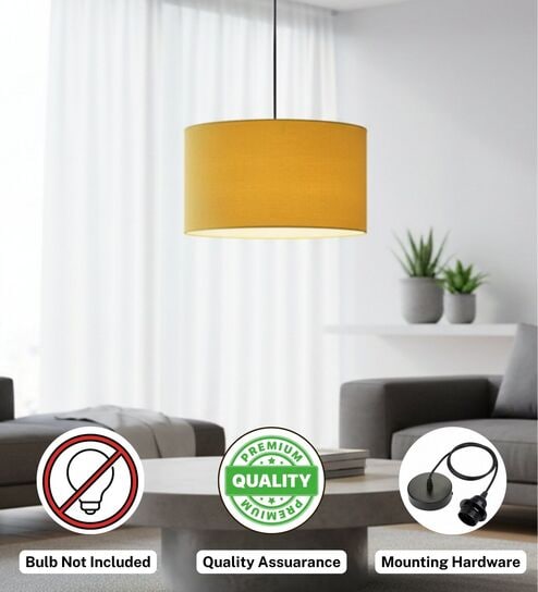 14-Inch Dark Yellow Fabric Drum Pendant Light, Modern Hanging Ceiling Lamp for Living Room, Bedroom, Dining Room & Home Decor, Black Canopy-image-25