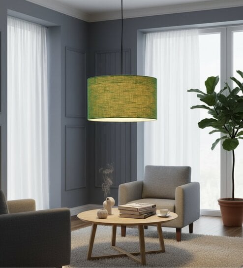 14-Inch Green Texture Fabric Drum Pendant Light, Modern Hanging Ceiling Lamp