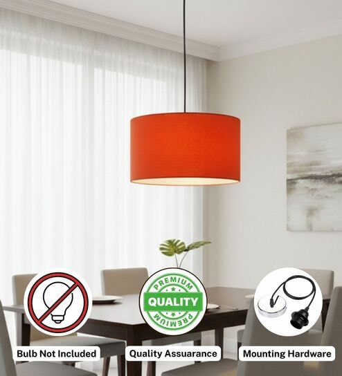 btr crafts 14-Inch Orange Fabric Drum Pendant Light, Modern Hanging Ceiling Lamp for Living Room, Bedroom, Dining Room & Home Decor, Silver Canopy-picture-30