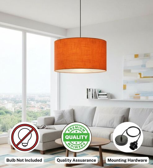 14-Inch Orange Texture Fabric Drum Pendant Light, Modern Hanging Ceiling Lamp for Living Room, Bedroom, Dining Room & Home Decor, Black Canopy-image-48