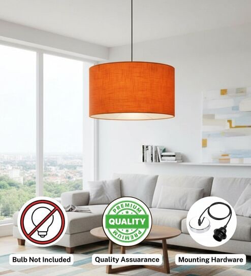 btr crafts 14-Inch Orange Texture Fabric Drum Pendant Light, Modern Hanging Ceiling Lamp for Living Room, Bedroom, Dining Room & Home Decor, Silver Canopy-picture-17
