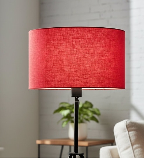 14-Inch Red Fabric Drum Lampshade