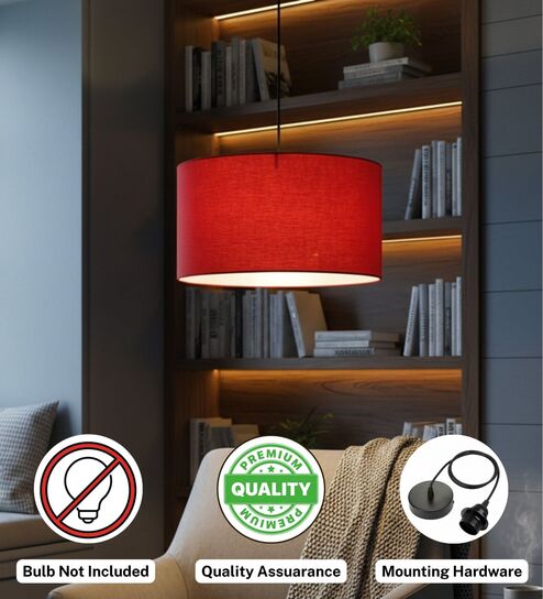 14-Inch Red Fabric Drum Pendant Light, Modern Hanging Ceiling Lamp for Living Room, Bedroom, Dining Room & Home Decor, Black Canopy-image-15
