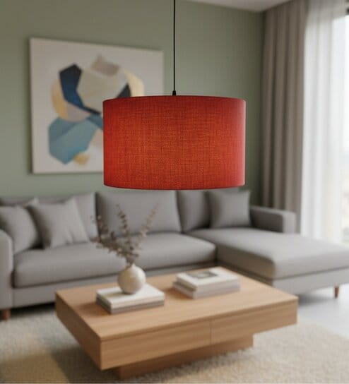 btr crafts 14-Inch Red Jute Fabric Drum Pendant Light, Modern Hanging Ceiling Lamp for Living Room, Bedroom, Dining Room & Home Decor, Silver Canopy-picture-31
