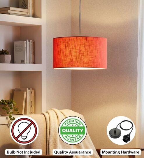 btr crafts 14-Inch Red Texture Fabric Drum Pendant Light, Modern Hanging Ceiling Lamp for Living Room, Bedroom, Dining Room & Home Decor, Black Canopy-picture-45