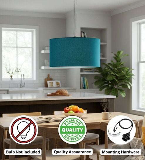 btr crafts 14-Inch Teal Fabric Drum Pendant Light, Modern Hanging Ceiling Lamp for Living Room, Bedroom, Dining Room & Home Decor, Silver Canopy-picture-37