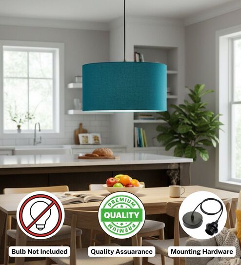 btr crafts 14-Inch Teal Fabric Drum Pendant Light, Modern Hanging Ceiling Lamp for Living Room, Bedroom, Dining Room & Home Decor, Black Canopy-picture-29