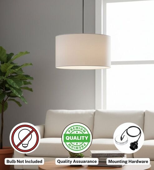14-Inch White Fabric Drum Pendant Light, Modern Hanging Ceiling Lamp for Living Room, Bedroom, Dining Room & Home Decor, Silver Canopy-image-49
