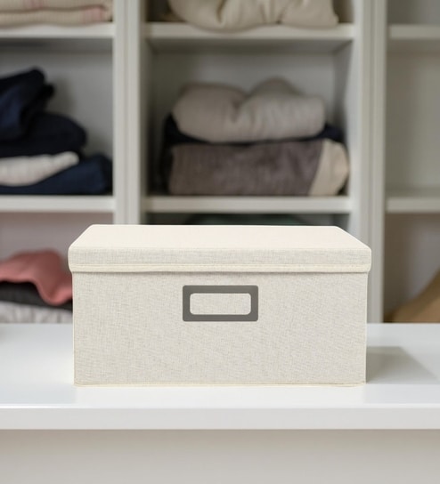 14 L Foldable Storage Box with Lid, Cotton Hemp Fabric Collapsible Organiser