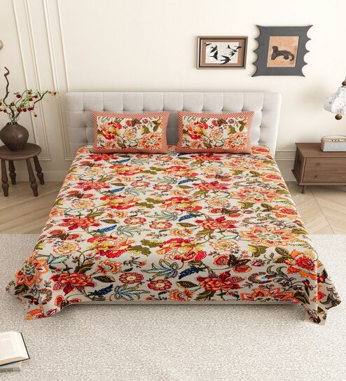 Red Floral 144 TC Cotton King Size  Bedsheet With 2 Pillow Cover
