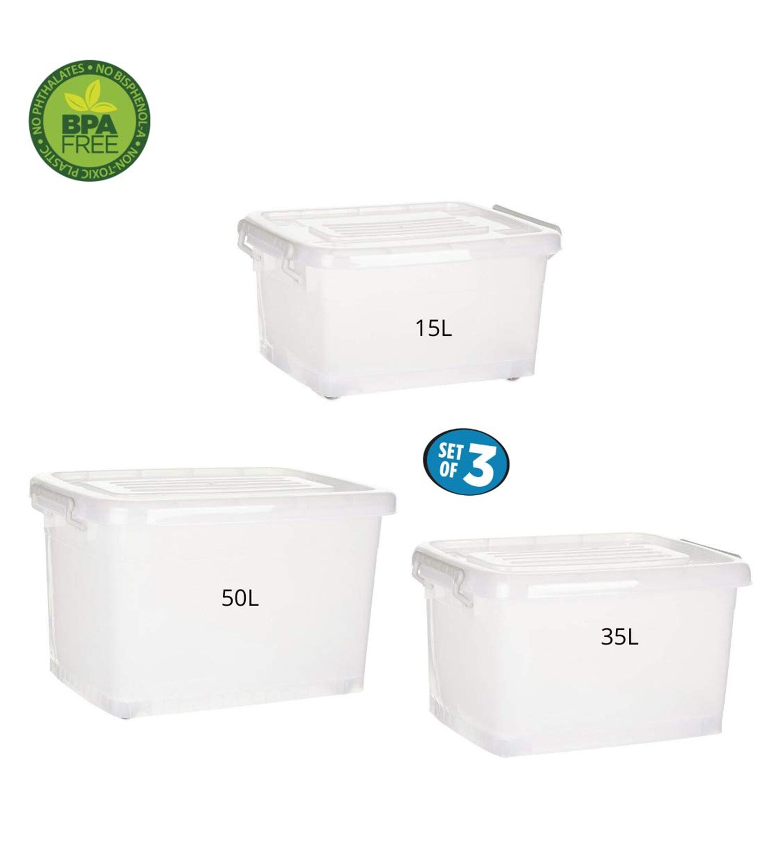15, 35 & 50 Litres Plastic Storage Box , Set of 3