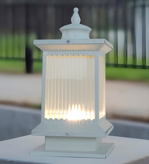 15-Inch Mini Transitional Gate Light | White Cuboid Lantern with Fluted Glass