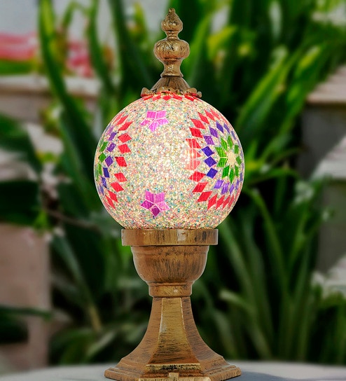 15-Inch Traditional Mosaic Gate Light | Star Pattern Multicolor Globe on Aluminium Pedestal