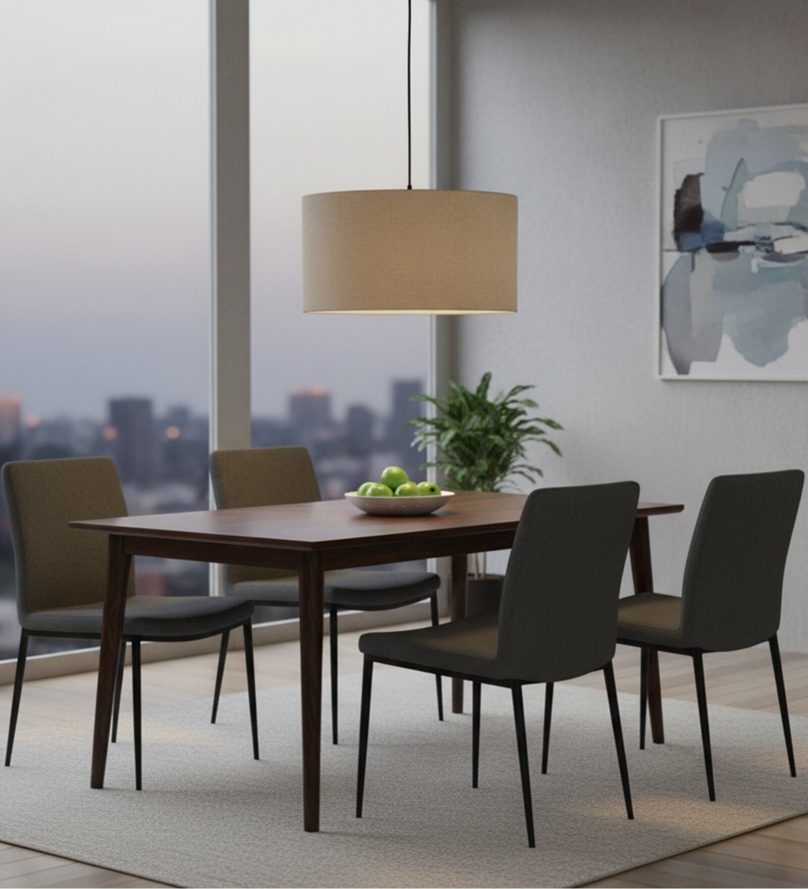 16-Inch Beige Fabric Drum Pendant Light, Modern Hanging Ceiling Lamp