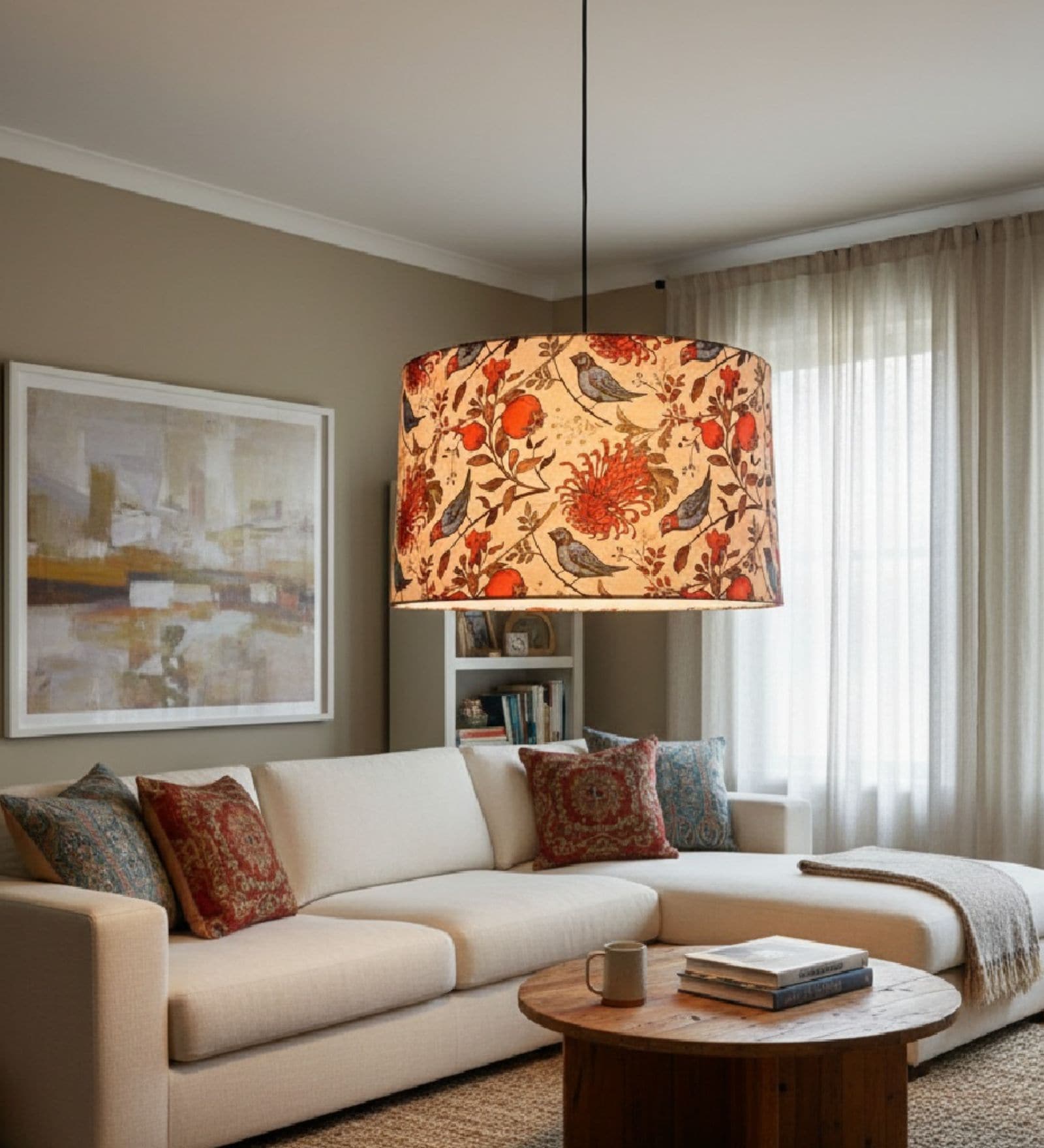 16-Inch Bird & Floral Printed Fabric Drum Pendant Light