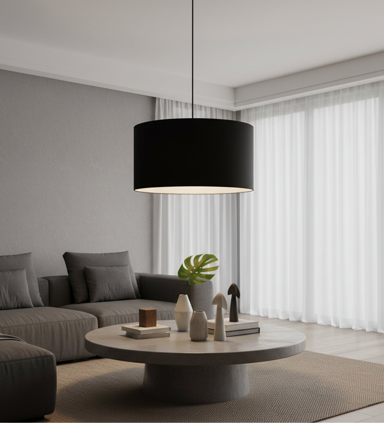 16-Inch Black Fabric Drum Pendant Light, Modern Hanging Ceiling Lamp