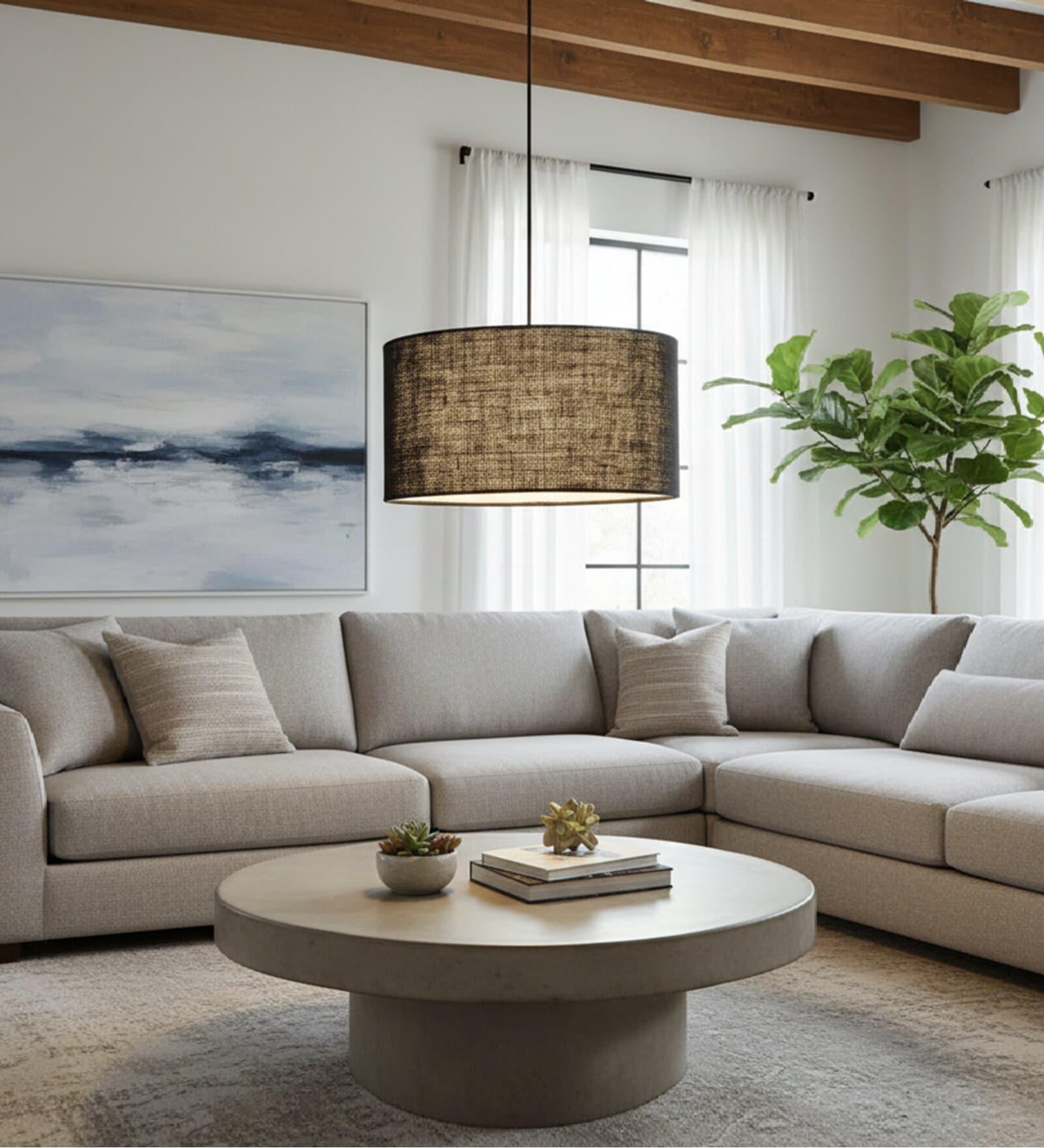 16-Inch Black Jute Fabric Drum Pendant Light, Modern Hanging Ceiling Lamp