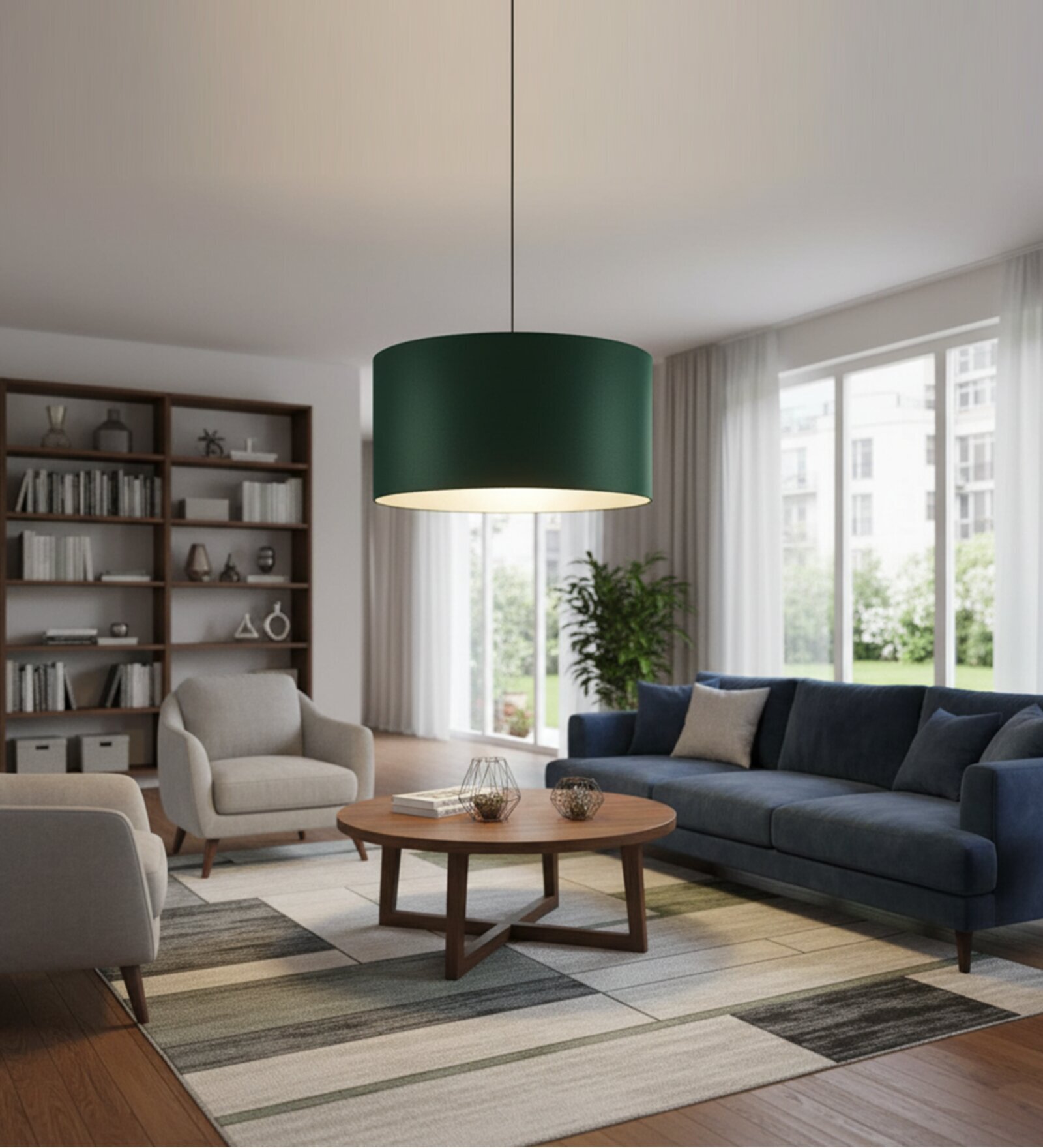 16-Inch Dark Green Fabric Drum Pendant Light