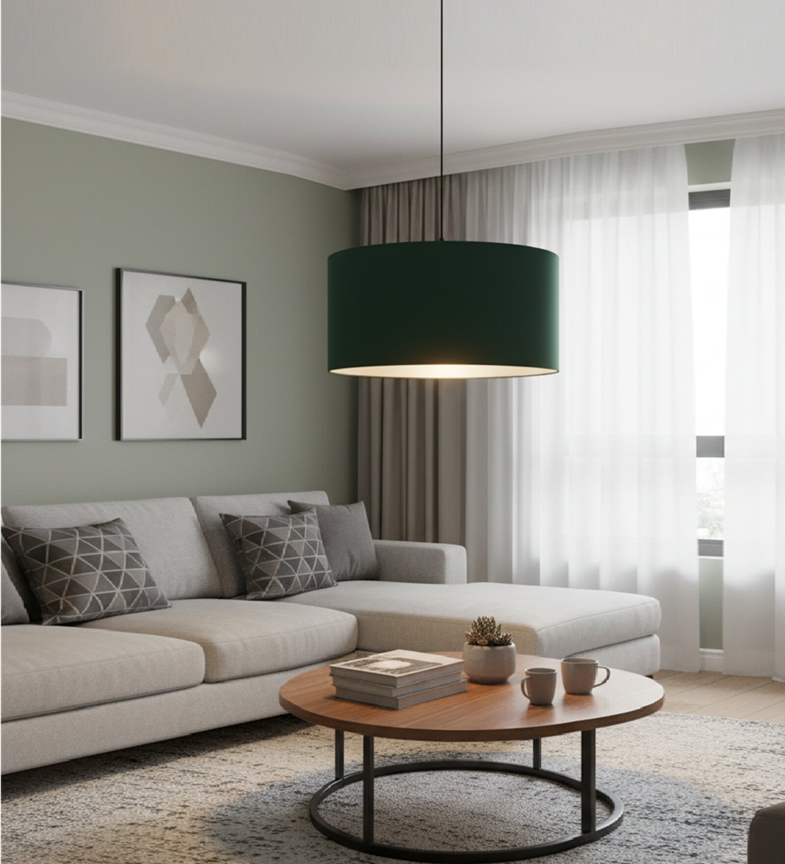 16-Inch Dark Green Fabric Drum Pendant Light, Modern Hanging Ceiling Lamp