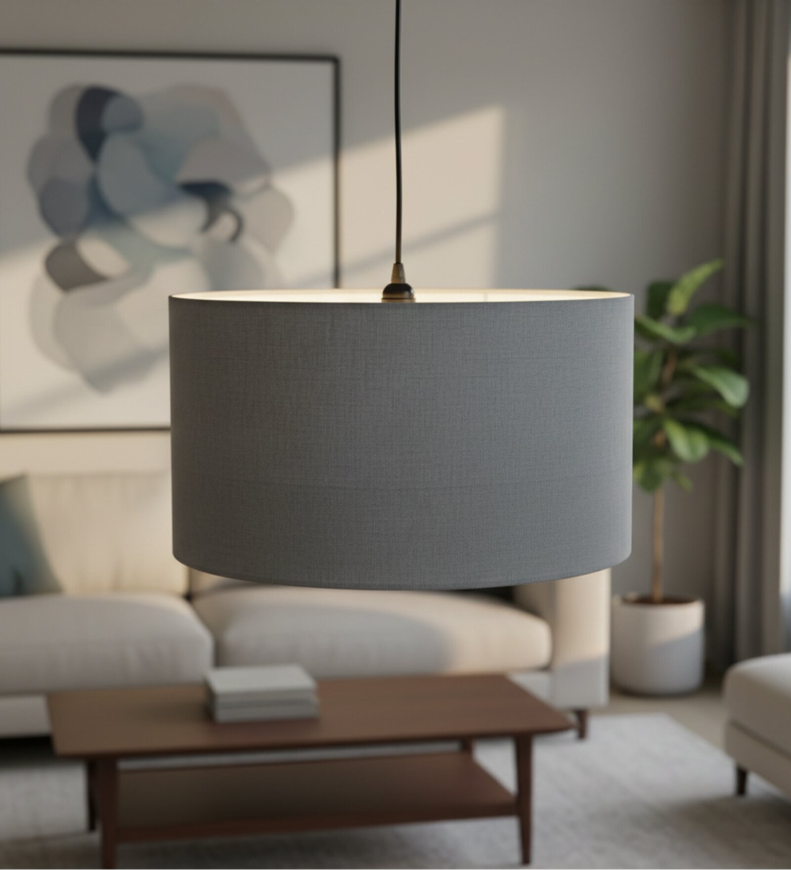 16-Inch Grey Fabric Drum Pendant Light