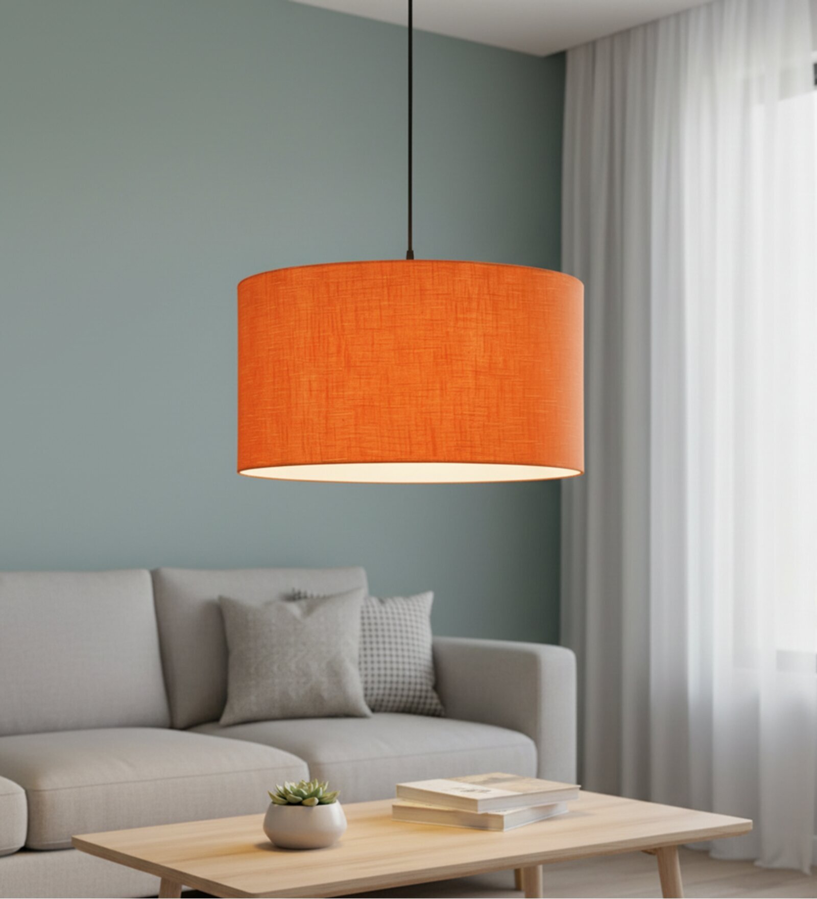16-Inch Orange Texture Fabric Drum Pendant Light, Modern Hanging Ceiling Lamp