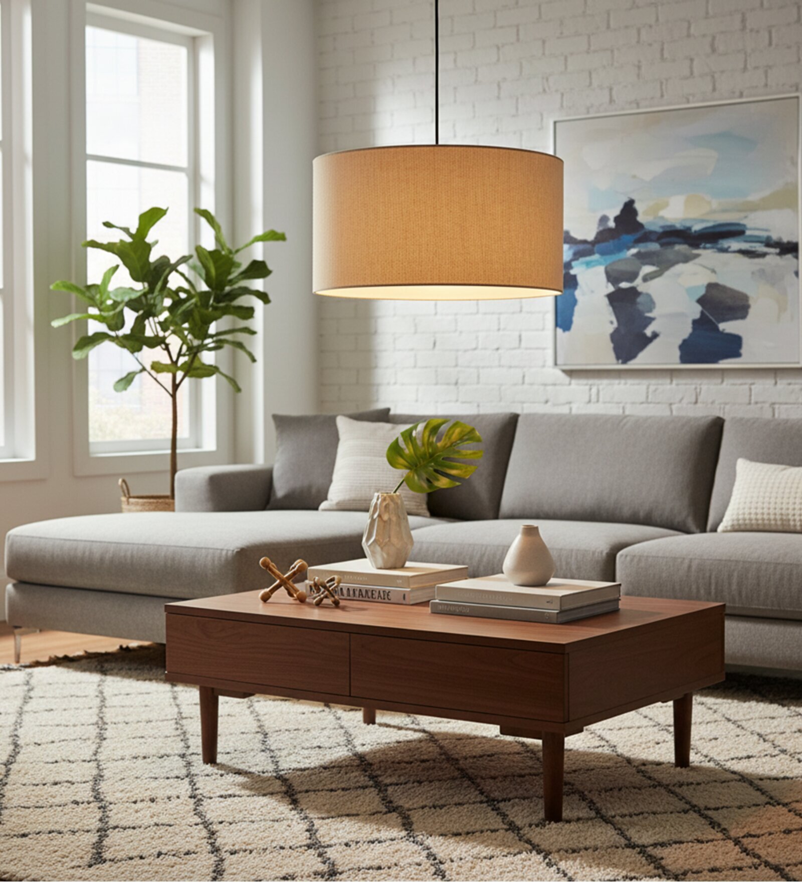 16-Inch Premium Jute Fabric Drum Pendant Light, Modern Hanging Ceiling Lamp