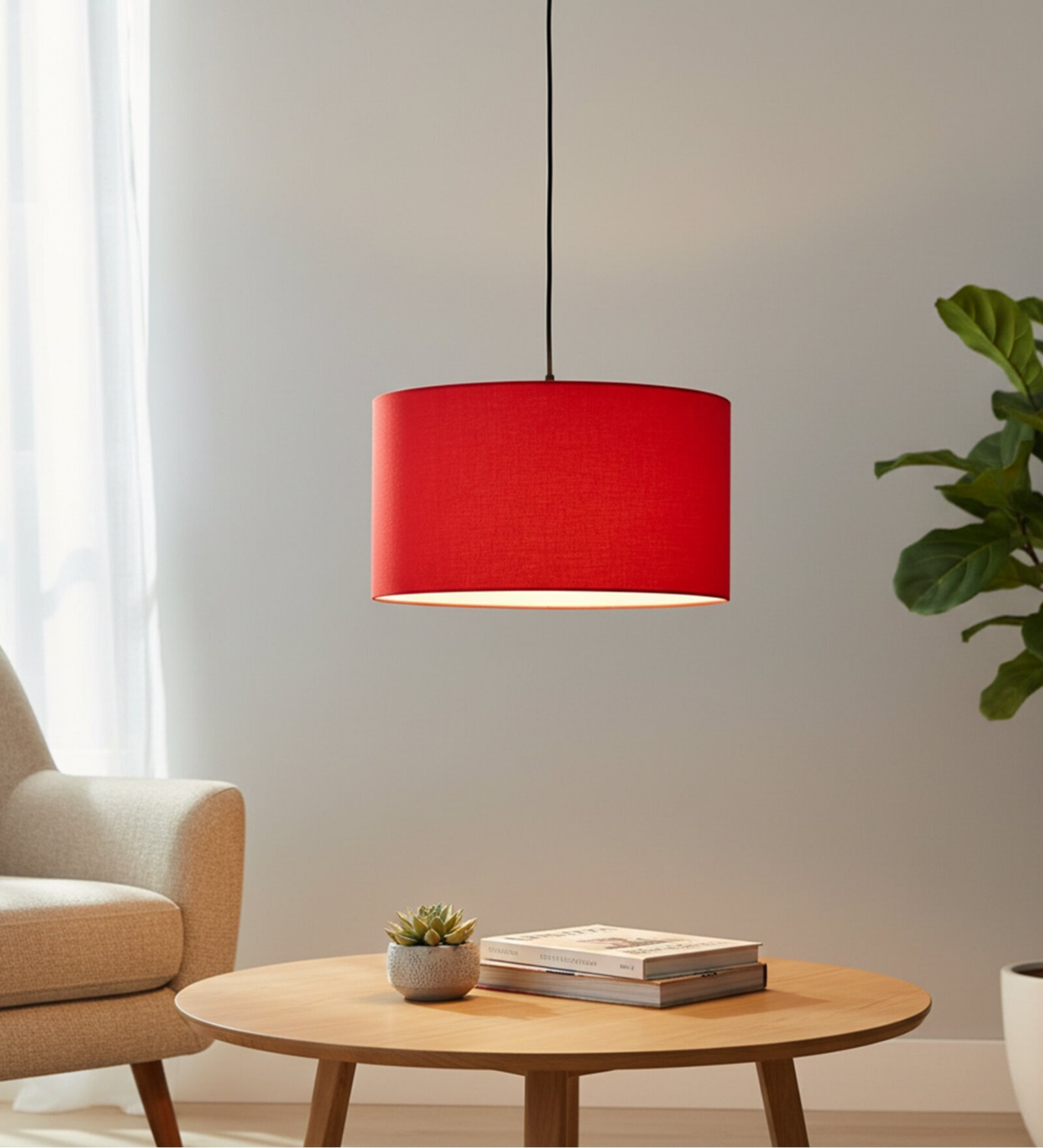 16-Inch Red Fabric Drum Pendant Light, Modern Hanging Ceiling Lamp