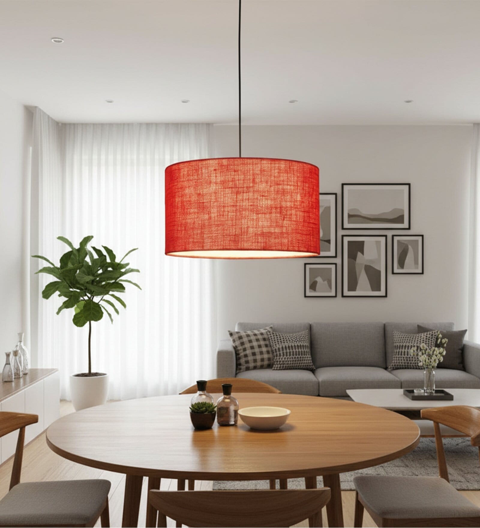 16-Inch Red Jute Fabric Drum Pendant Light, Modern Hanging Ceiling Lamp