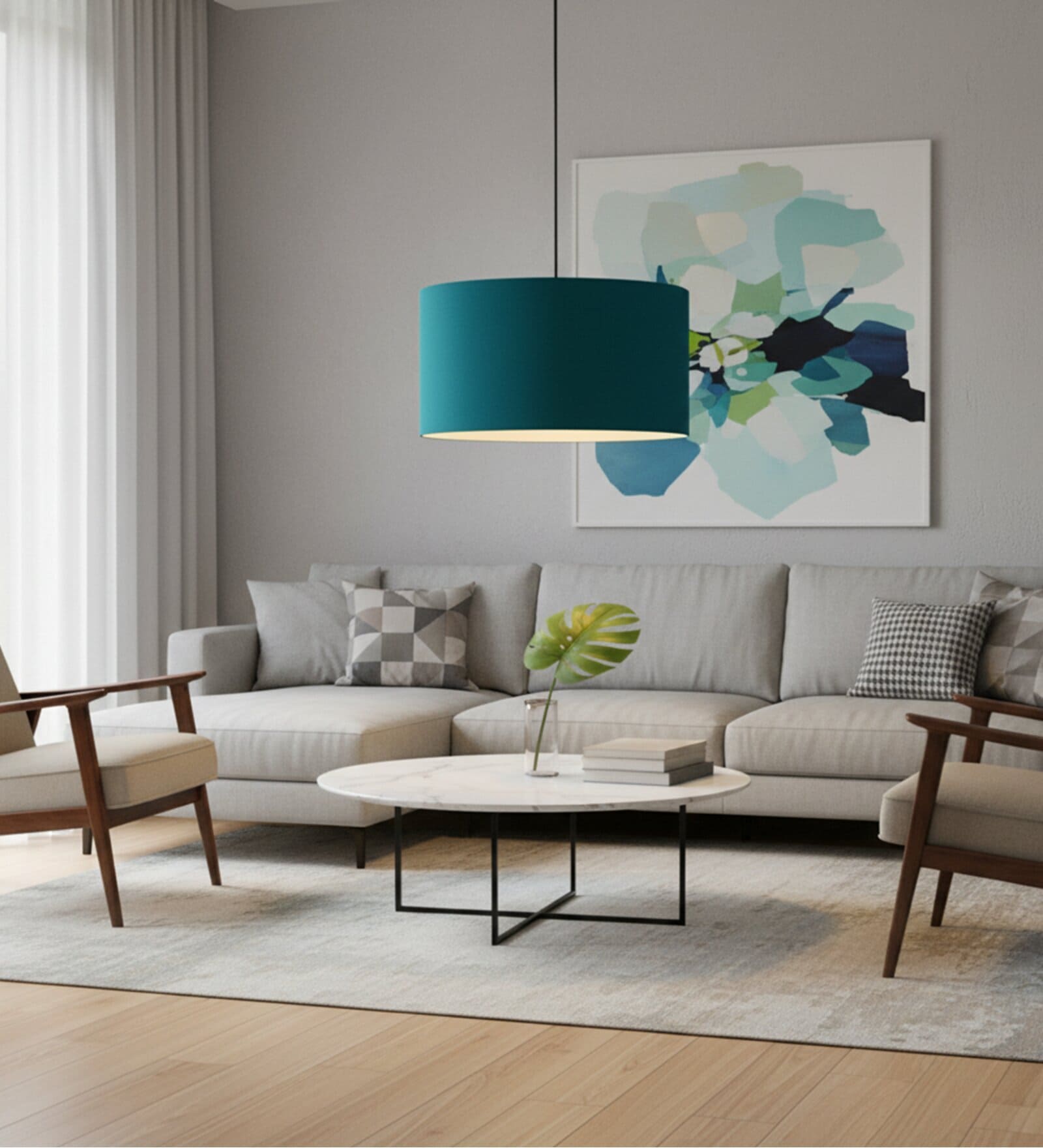 16-Inch Teal Fabric Drum Pendant Light, Modern Hanging Ceiling Lamp