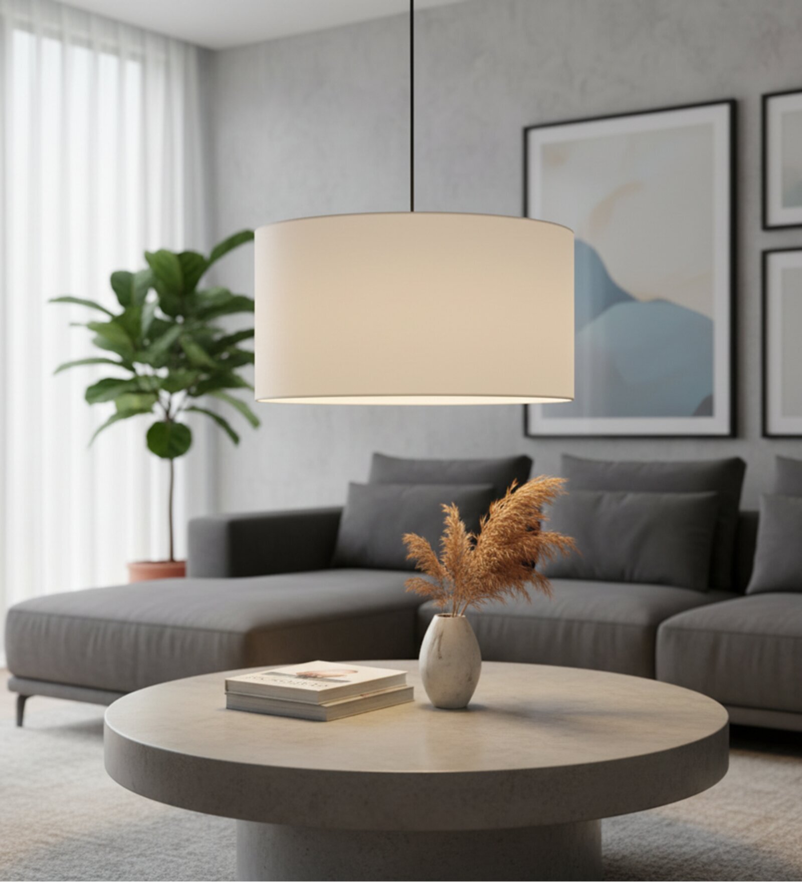 16-Inch White Fabric Drum Pendant Light, Modern Hanging Ceiling Lamp