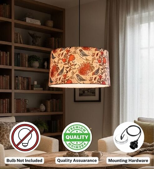 btr crafts 16-Inch Bird & Floral Printed Fabric Drum Pendant Light, Modern Hanging Ceiling Lamp for Living Room, Bedroom, Dining Room & Home Decor, Silver Canopy-picture-2