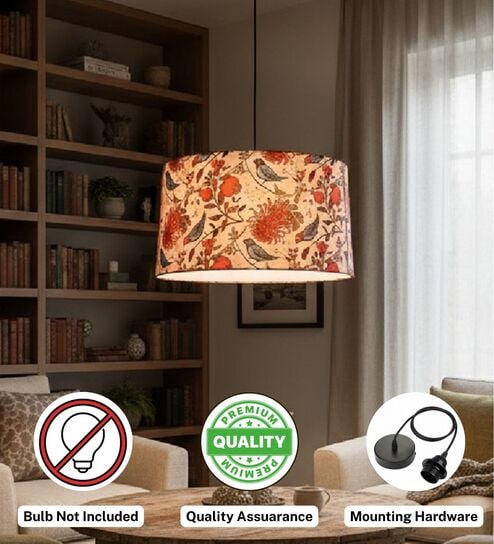 16-Inch Bird & Floral Printed Fabric Drum Pendant Light, Modern Hanging Ceiling Lamp for Living Room, Bedroom, Dining Room & Home Decor, Black Canopy-image-32