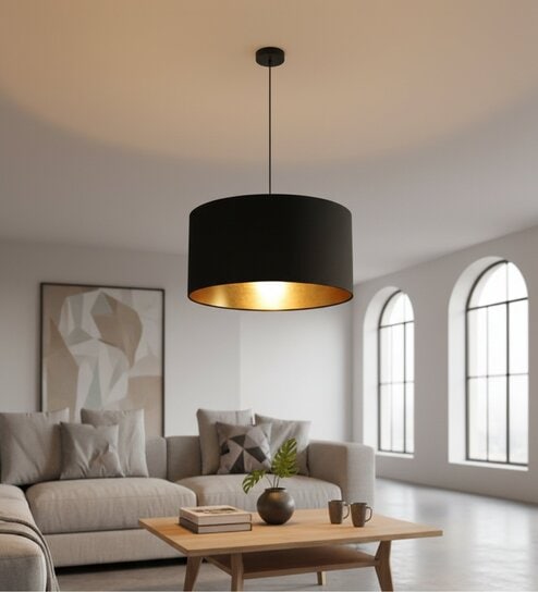 16-Inch Black Gold Fabric Drum Pendant Light, Modern Hanging Ceiling Lamp