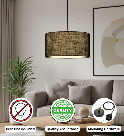 btr crafts 16-Inch Black Jute Fabric Drum Pendant Light, Modern Hanging Ceiling Lamp for Living Room, Bedroom, Dining Room & Home Decor, Black Canopy-picture-32