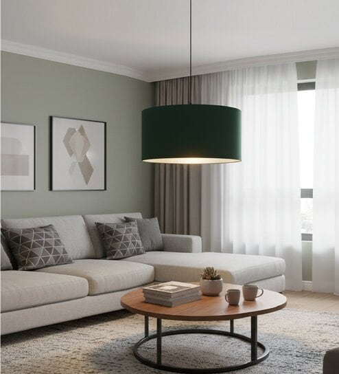 16-Inch Dark Green Fabric Drum Pendant Light, Modern Hanging Ceiling Lamp