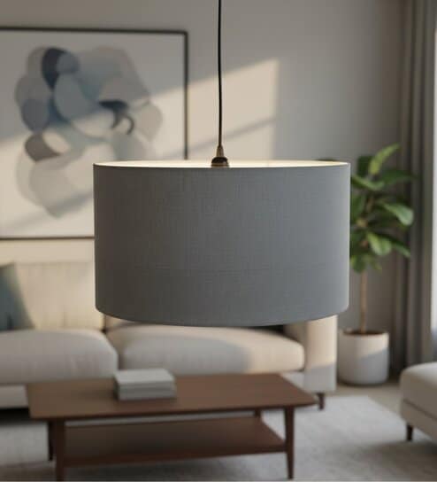 16-Inch Grey Fabric Drum Pendant Light