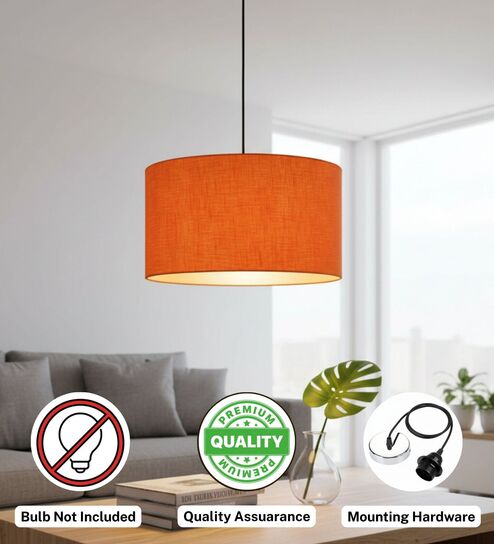 btr crafts 16-Inch Orange Texture Fabric Drum Pendant Light, Modern Hanging Ceiling Lamp for Living Room, Bedroom, Dining Room & Home Decor, Silver Canopy-picture-3
