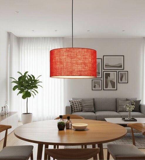 16-Inch Red Jute Fabric Drum Pendant Light, Modern Hanging Ceiling Lamp