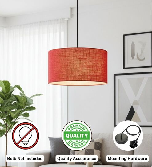 16-Inch Red Jute Fabric Drum Pendant Light, Modern Hanging Ceiling Lamp for Living Room, Bedroom, Dining Room & Home Decor, Black Canopy-image-42