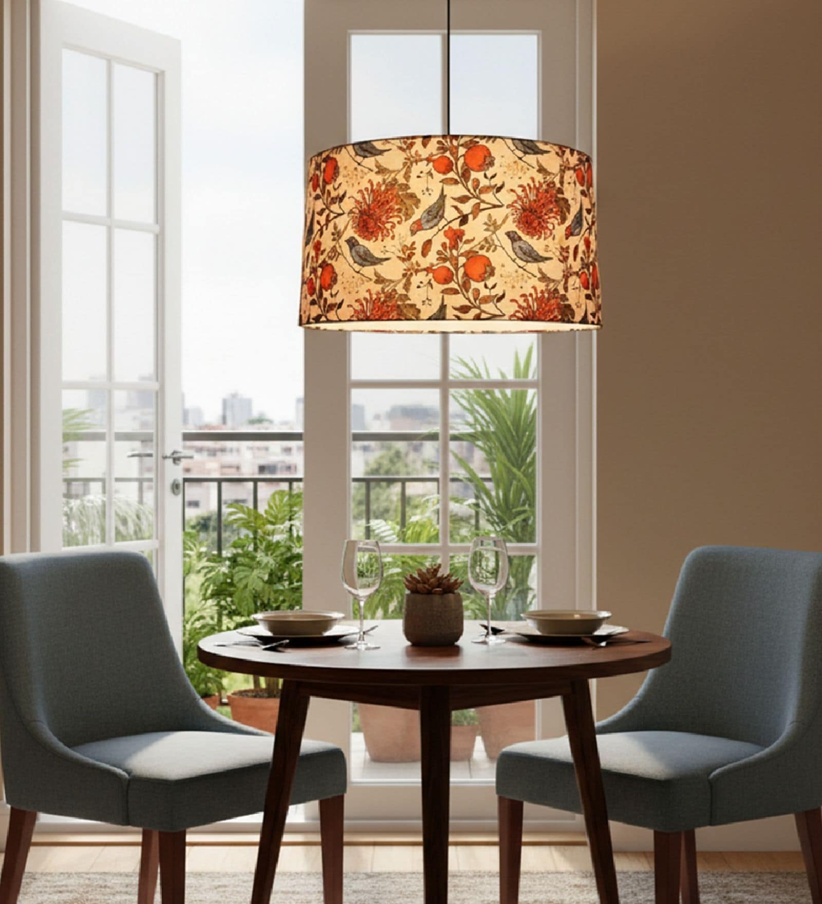 18-Inch Bird & Floral Printed Fabric Drum Pendant Light
