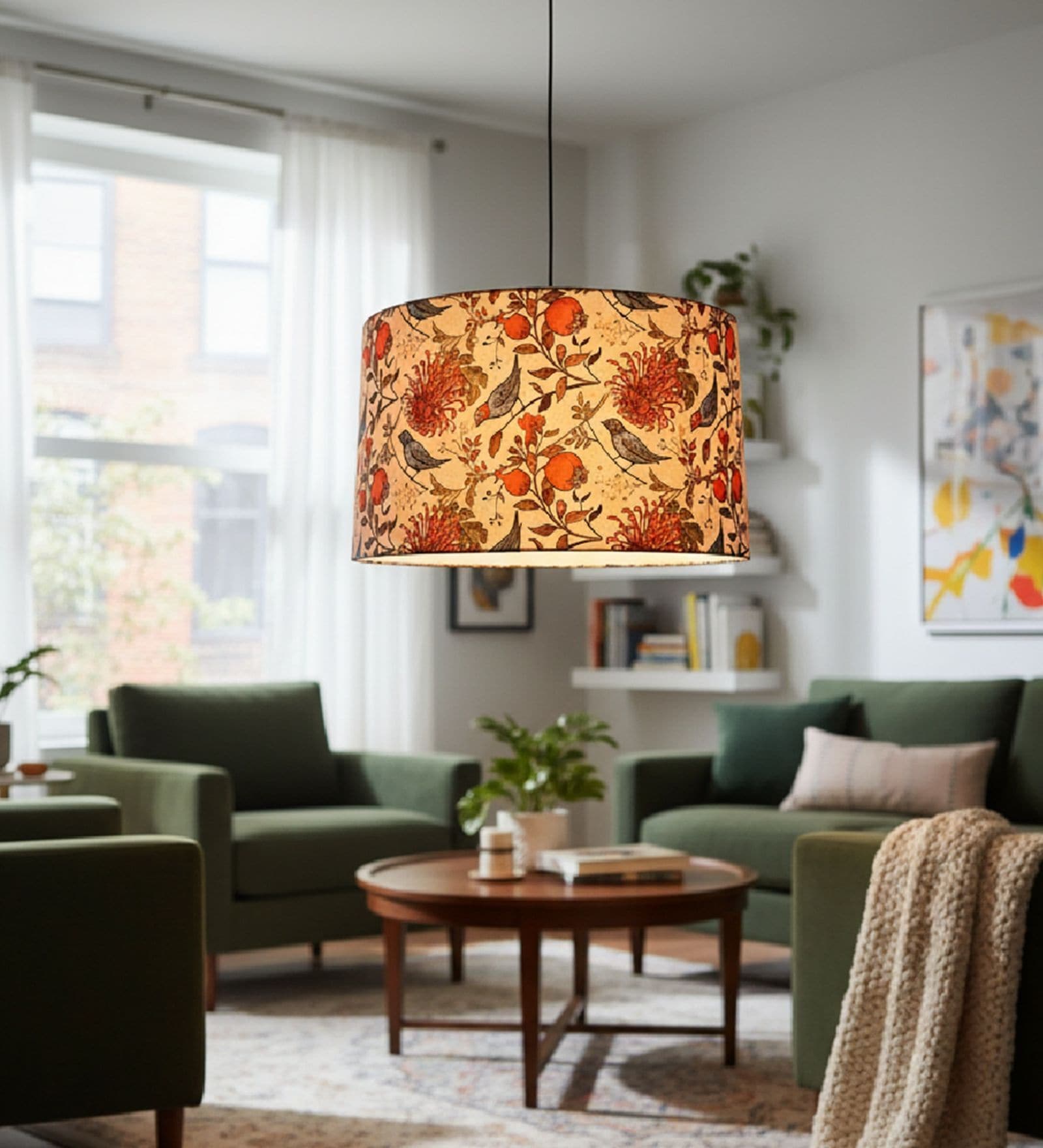 18-Inch Bird & Floral Printed Fabric Drum Pendant Light, Modern Hanging Ceiling Lamp