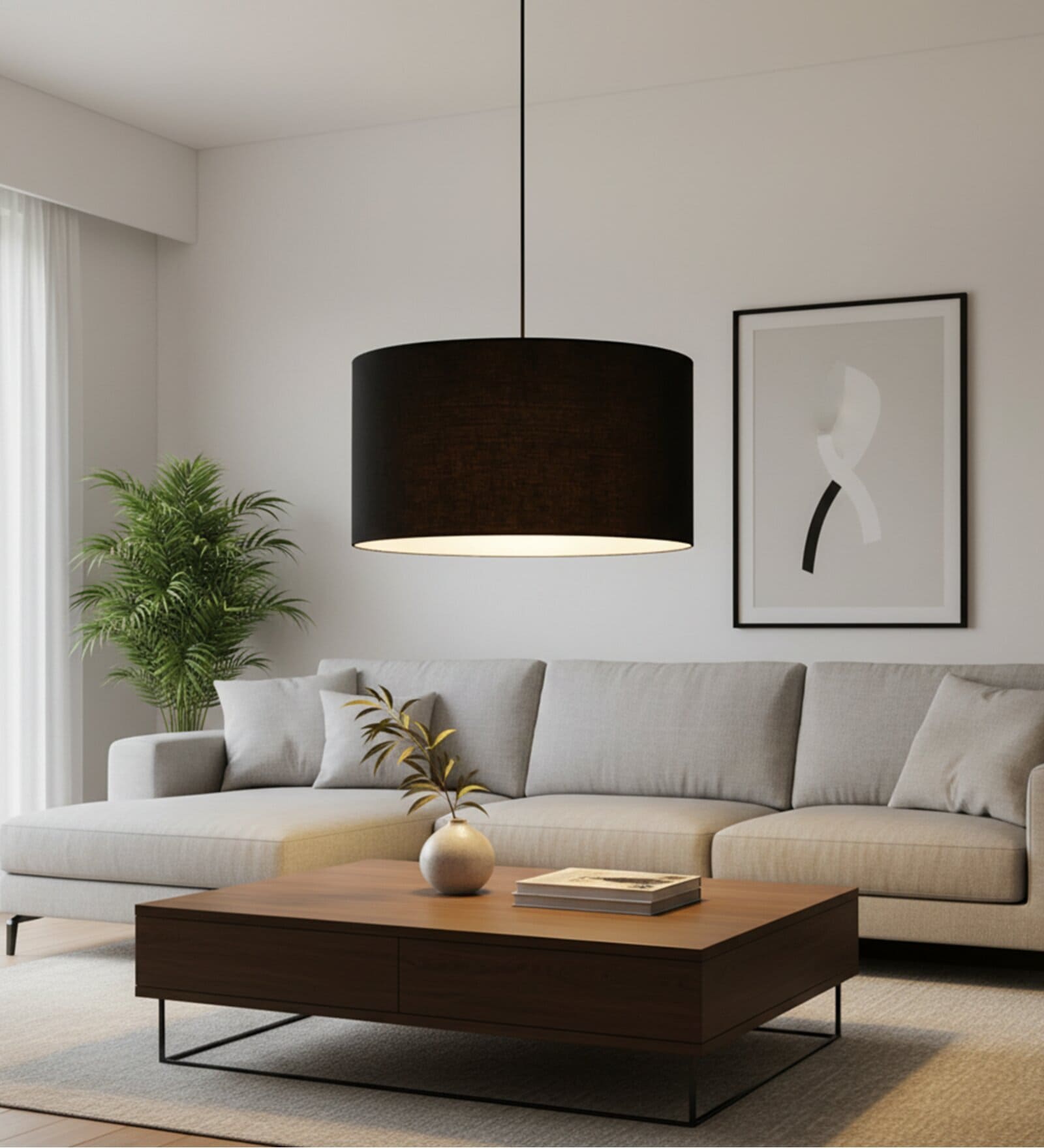 18-Inch Black Fabric Drum Pendant Light