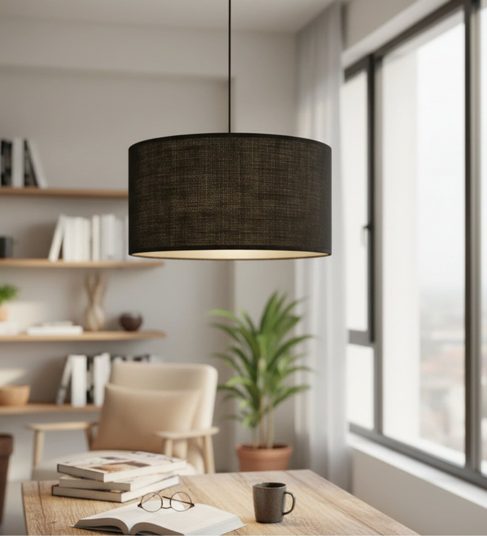 18-Inch Black Jute Fabric Drum Pendant Light
