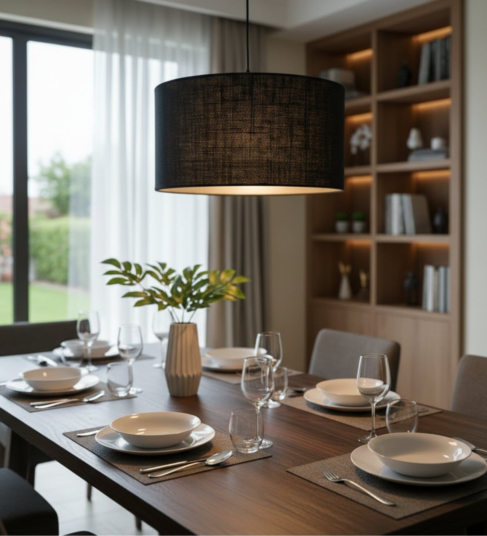 18-Inch Black Jute Fabric Drum Pendant Light, Modern Hanging Ceiling Lamp